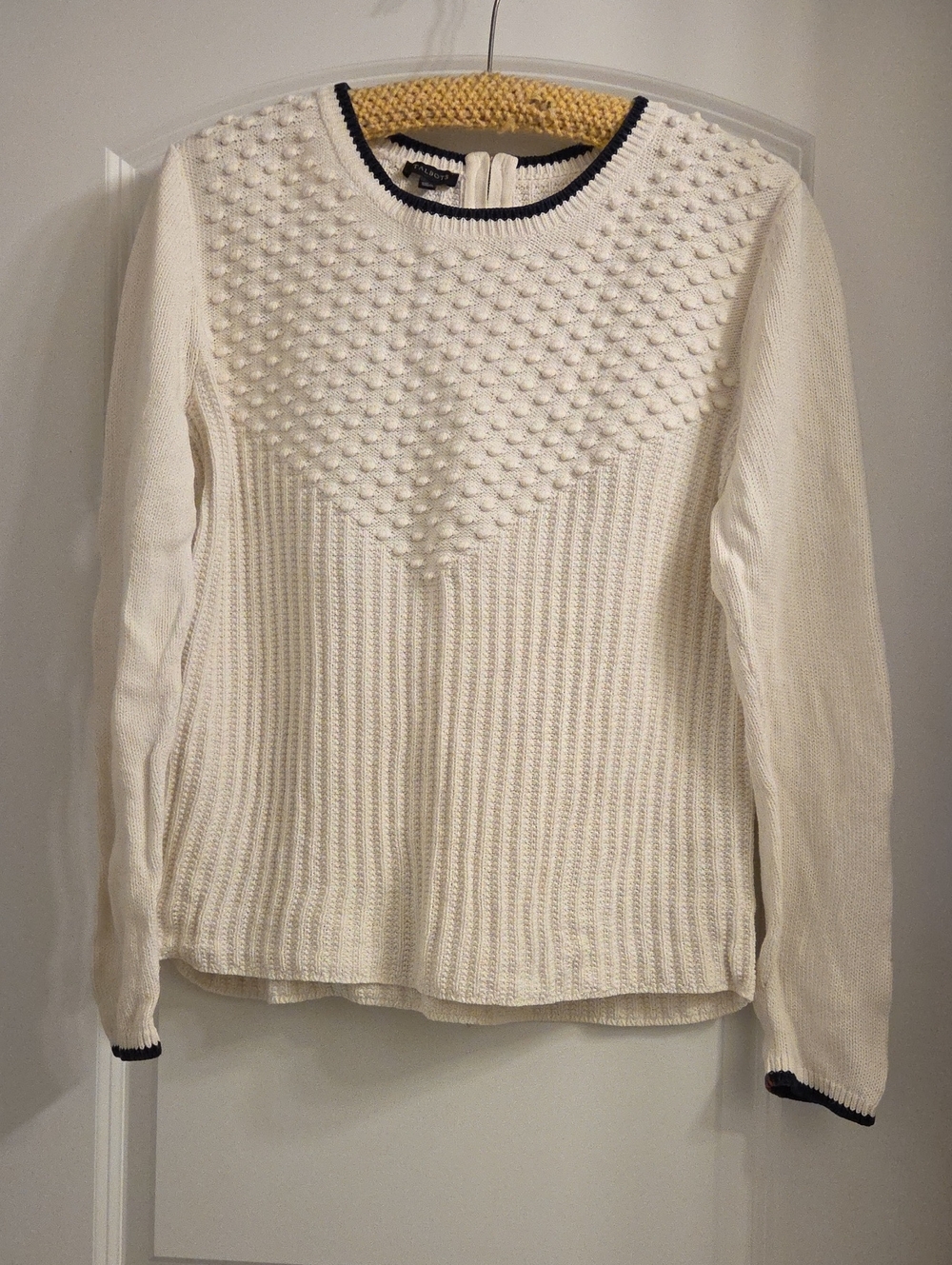 Talbots Cream Knit Sweater with Navy Contrast Trim